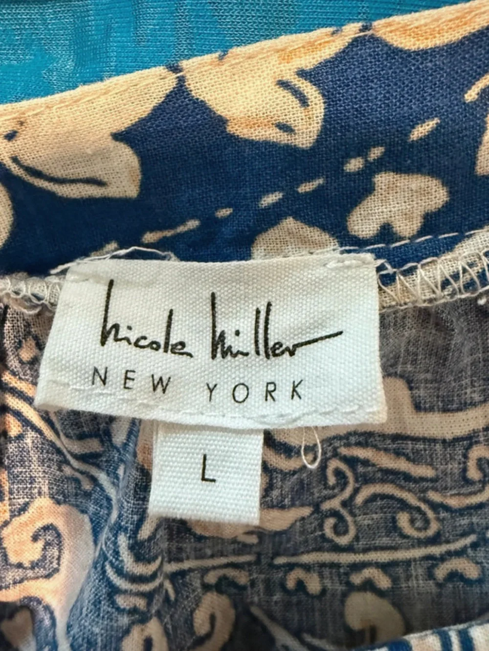 Nicole Miller Paisley Linen-Blend Blouse, bohemian-style peasant top, size Large - Picture 3 of 5
